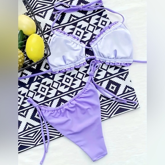 Lavender Frill Trim Ruched Bikini Set - Picture 4 of 6